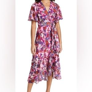 Tanya Taylor Blaire floral flutter sleeve wrap dress size 6 pink midi